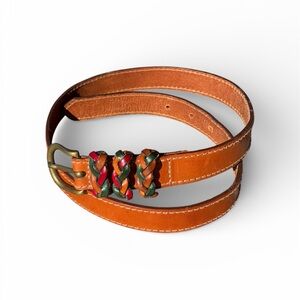 Vintage Genuine Leather Belt Tan Braided Belt Loops Brass Buckle SIZE 34.5”L